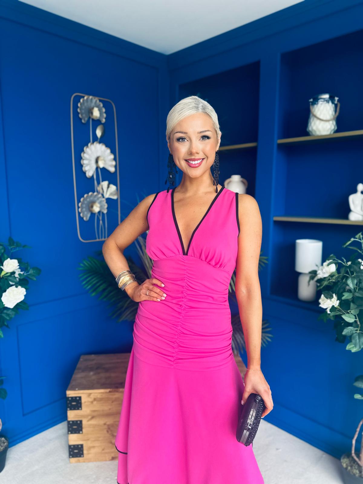 Cleo Ruched & Layered Midi Dress Cerise