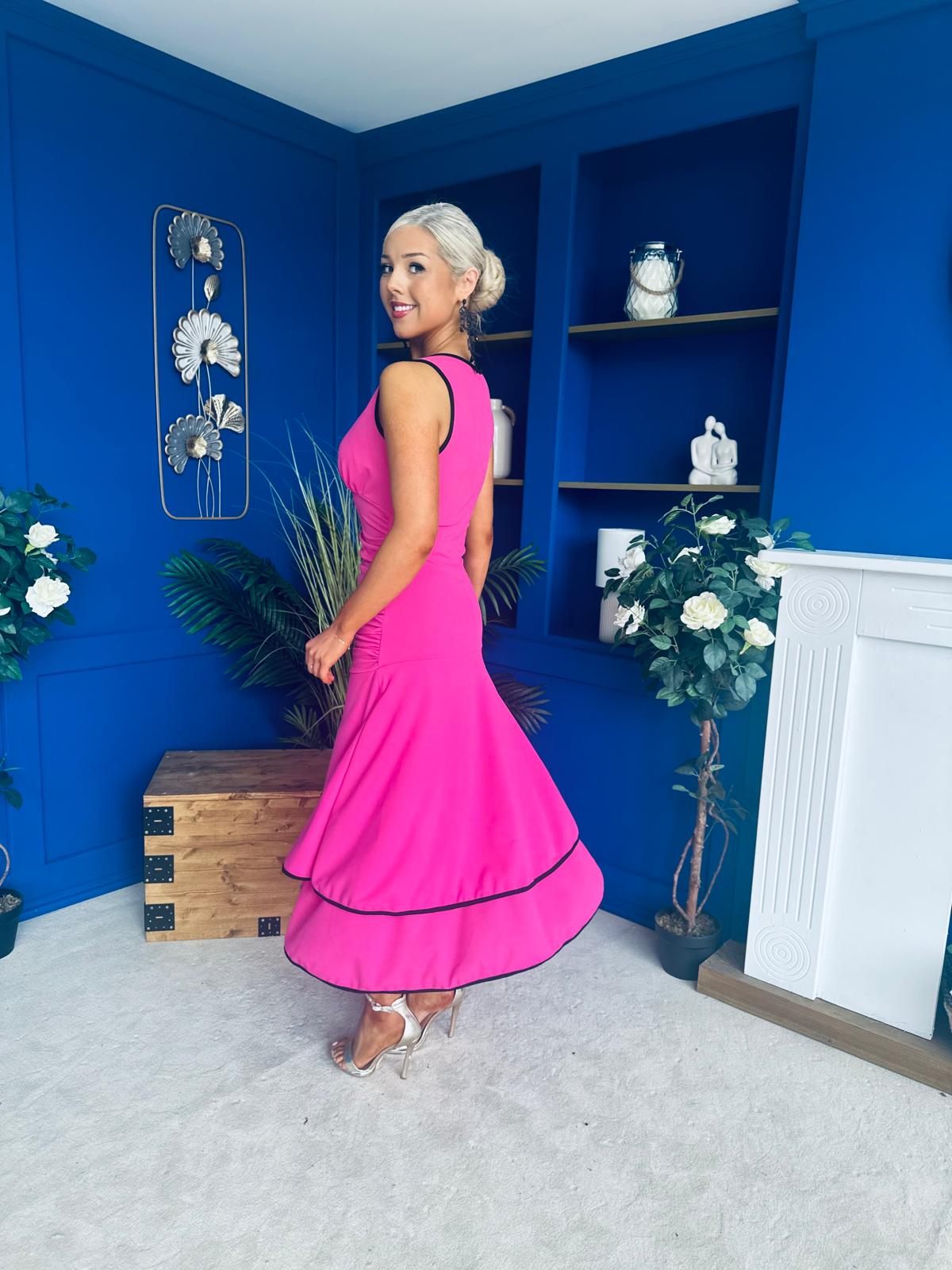 Cleo Ruched & Layered Midi Dress Cerise