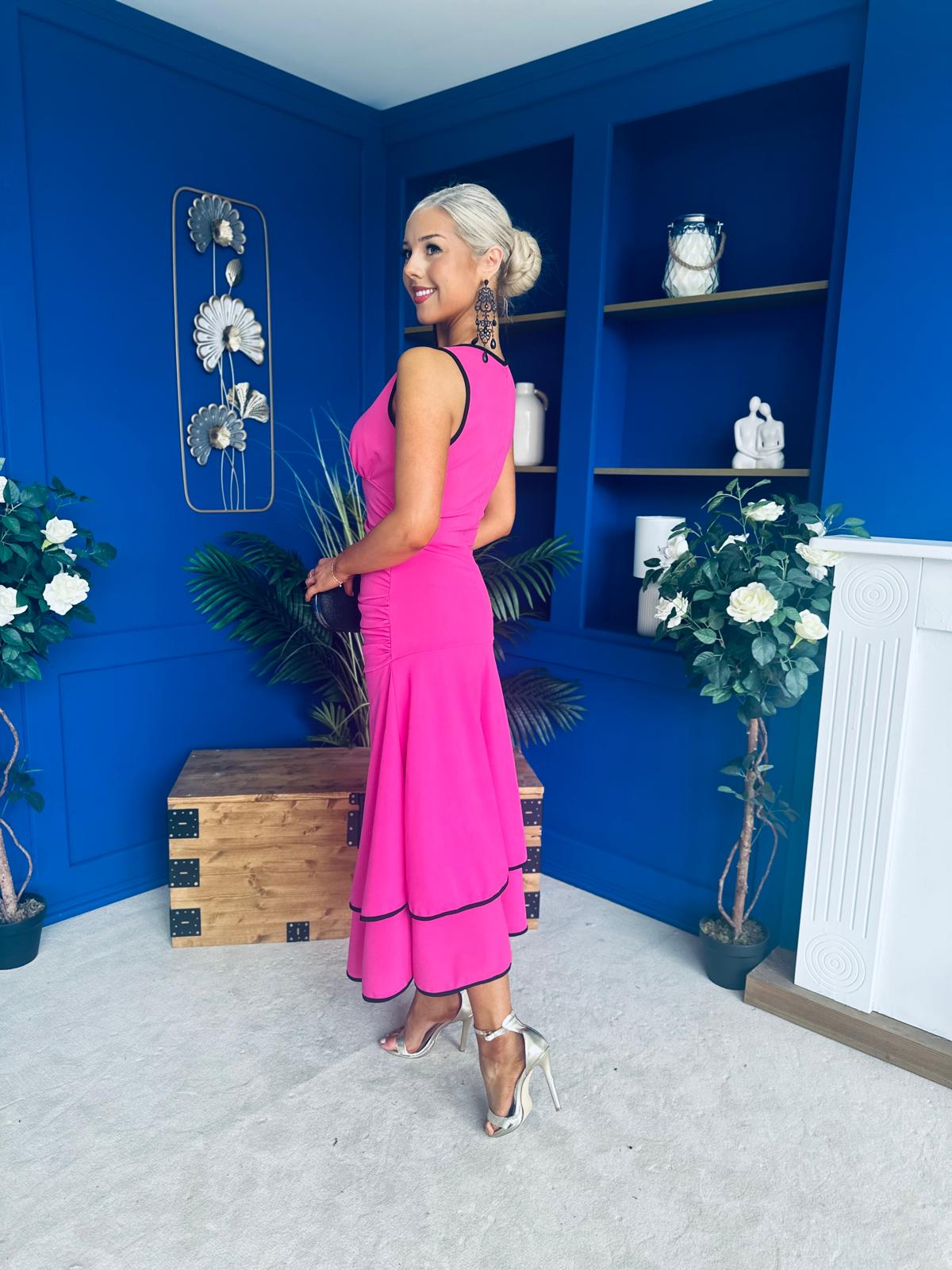 Cleo Ruched & Layered Midi Dress Cerise