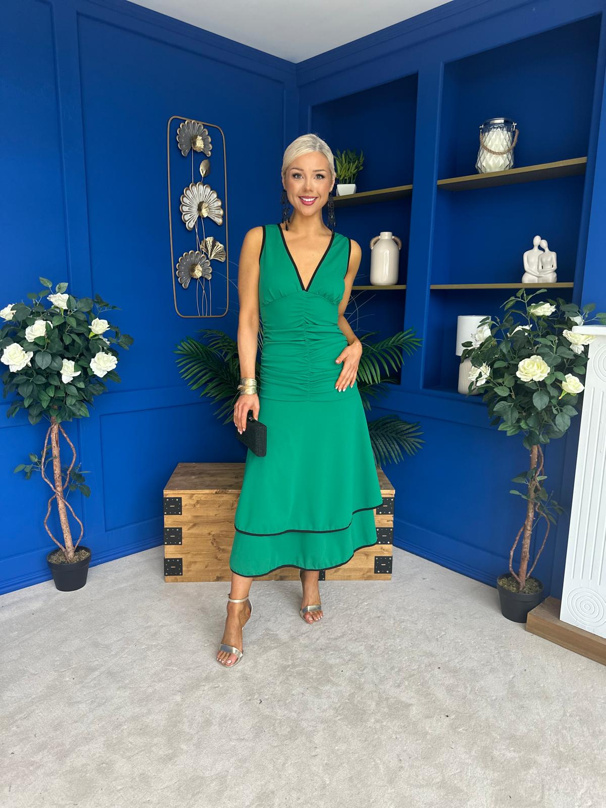 Cleo Ruched & Layered Midi Dress Emerald