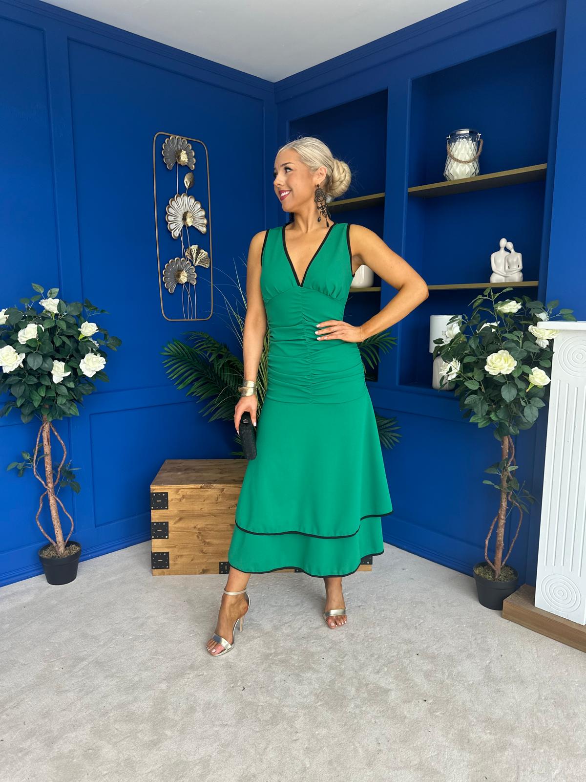 Cleo Ruched & Layered Midi Dress Emerald