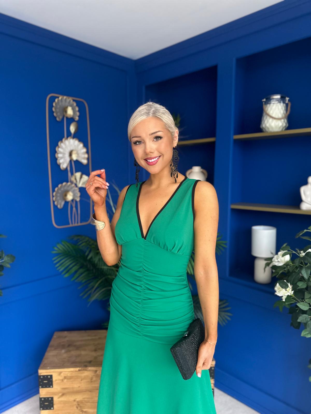 Cleo Ruched & Layered Midi Dress Emerald