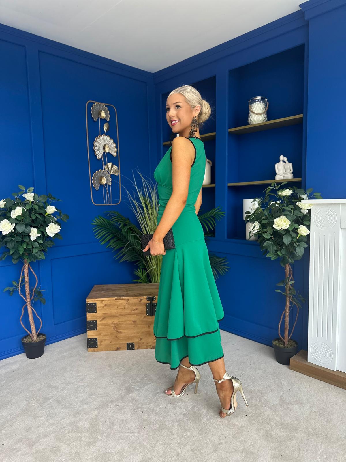 Cleo Ruched & Layered Midi Dress Emerald