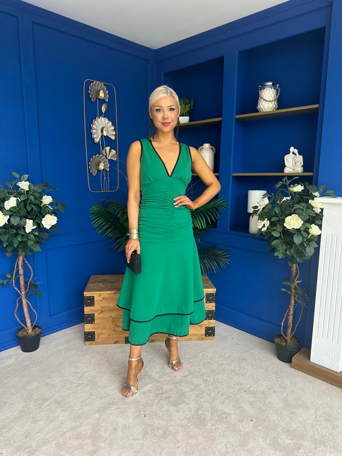 Cleo Ruched & Layered Midi Dress Emerald