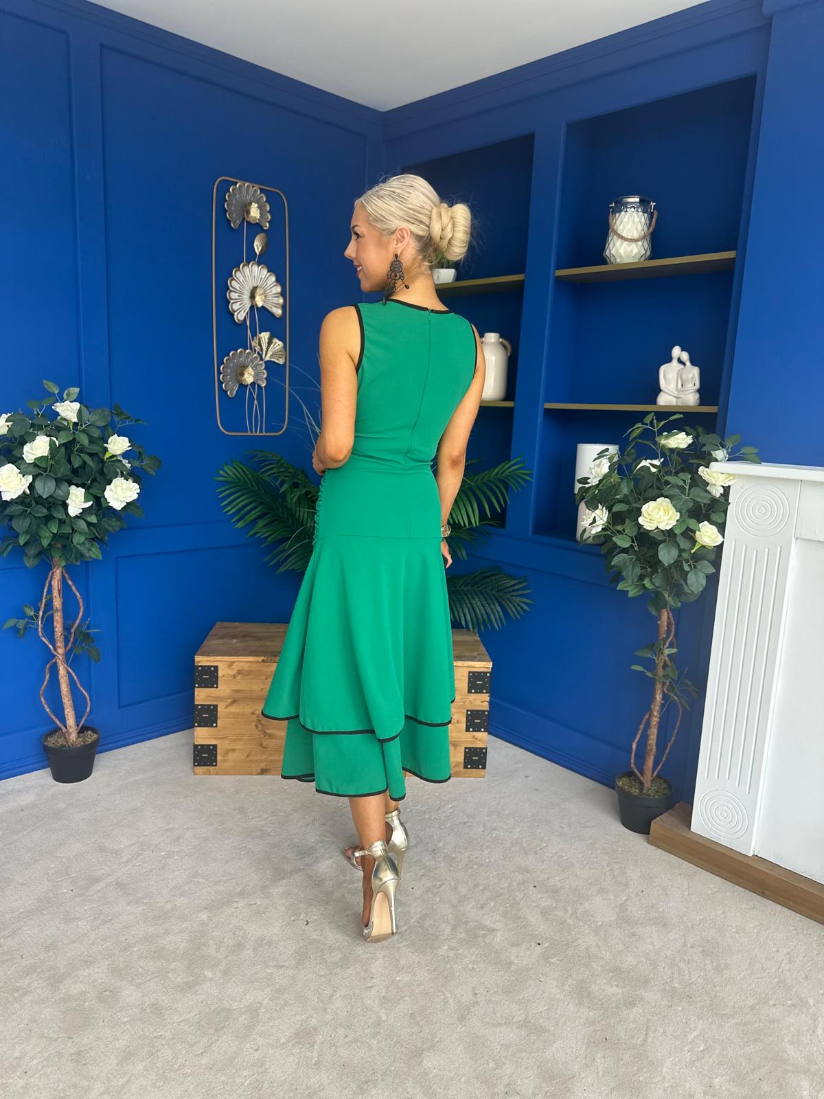 Cleo Ruched & Layered Midi Dress Emerald