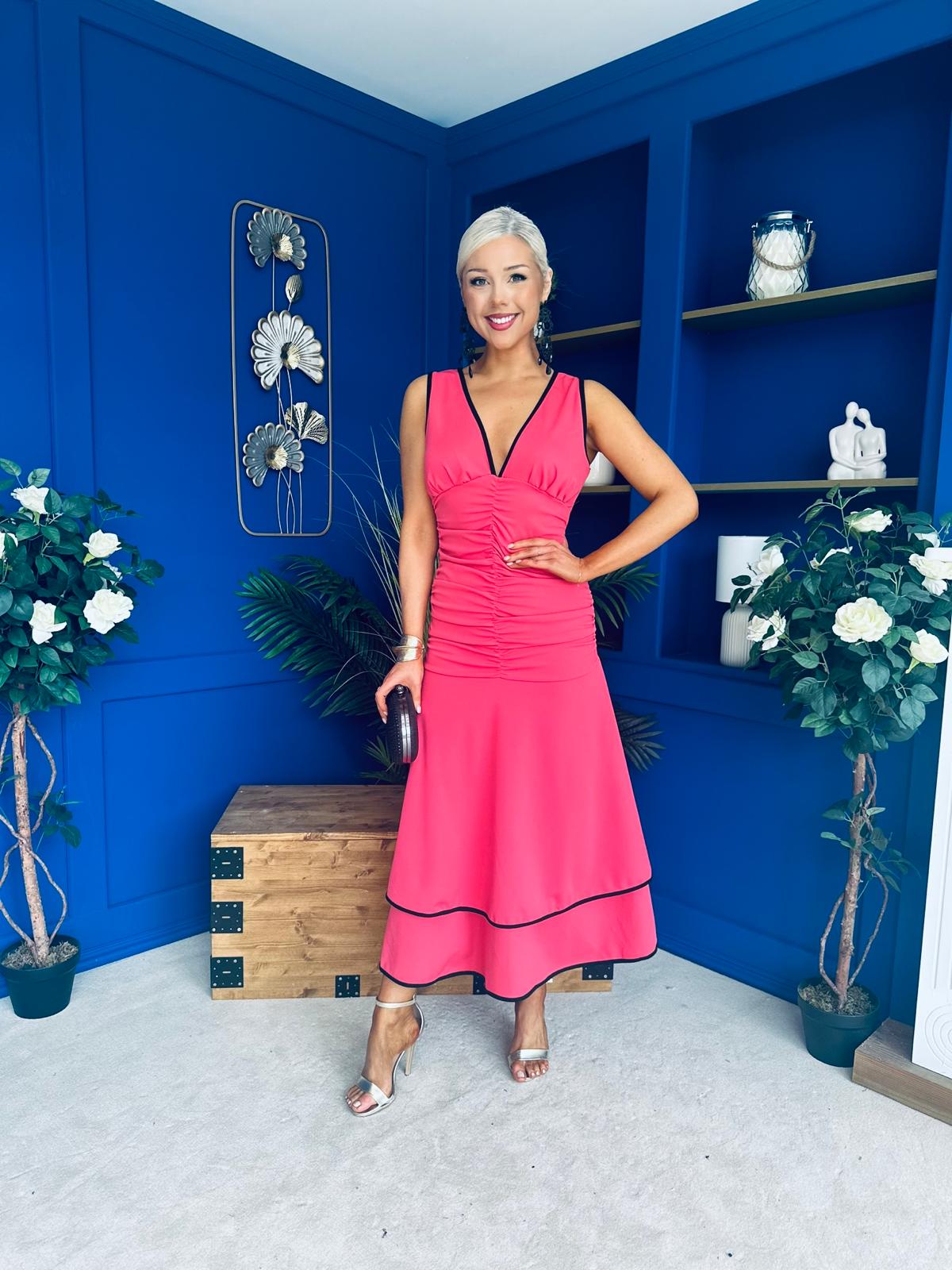 Cleo Ruched & Layered Midi Dress Coral
