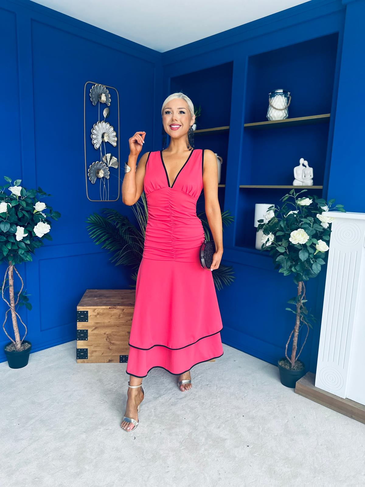 Cleo Ruched & Layered Midi Dress Coral