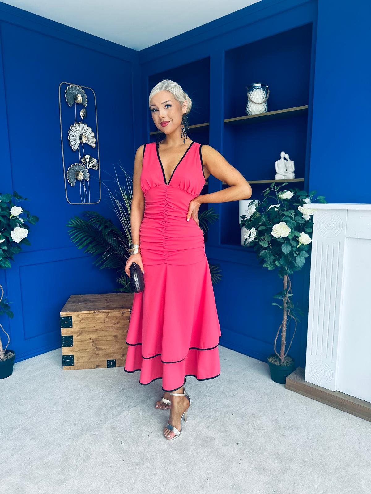 Cleo Ruched & Layered Midi Dress Coral