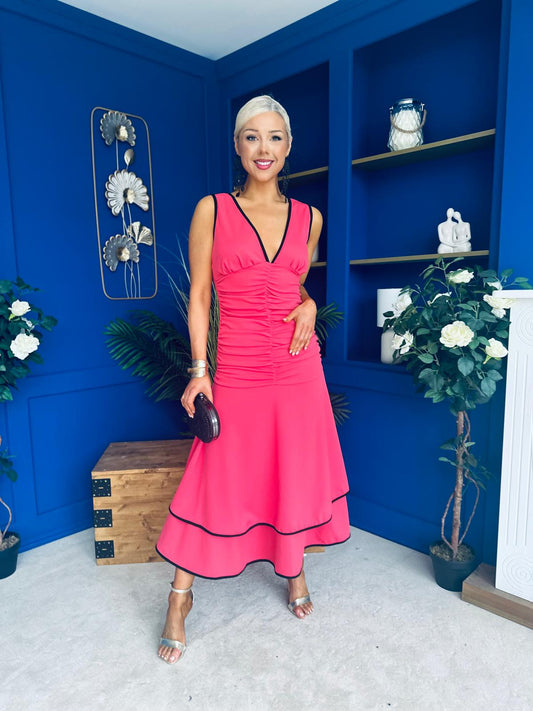 Cleo Ruched & Layered Midi Dress Coral