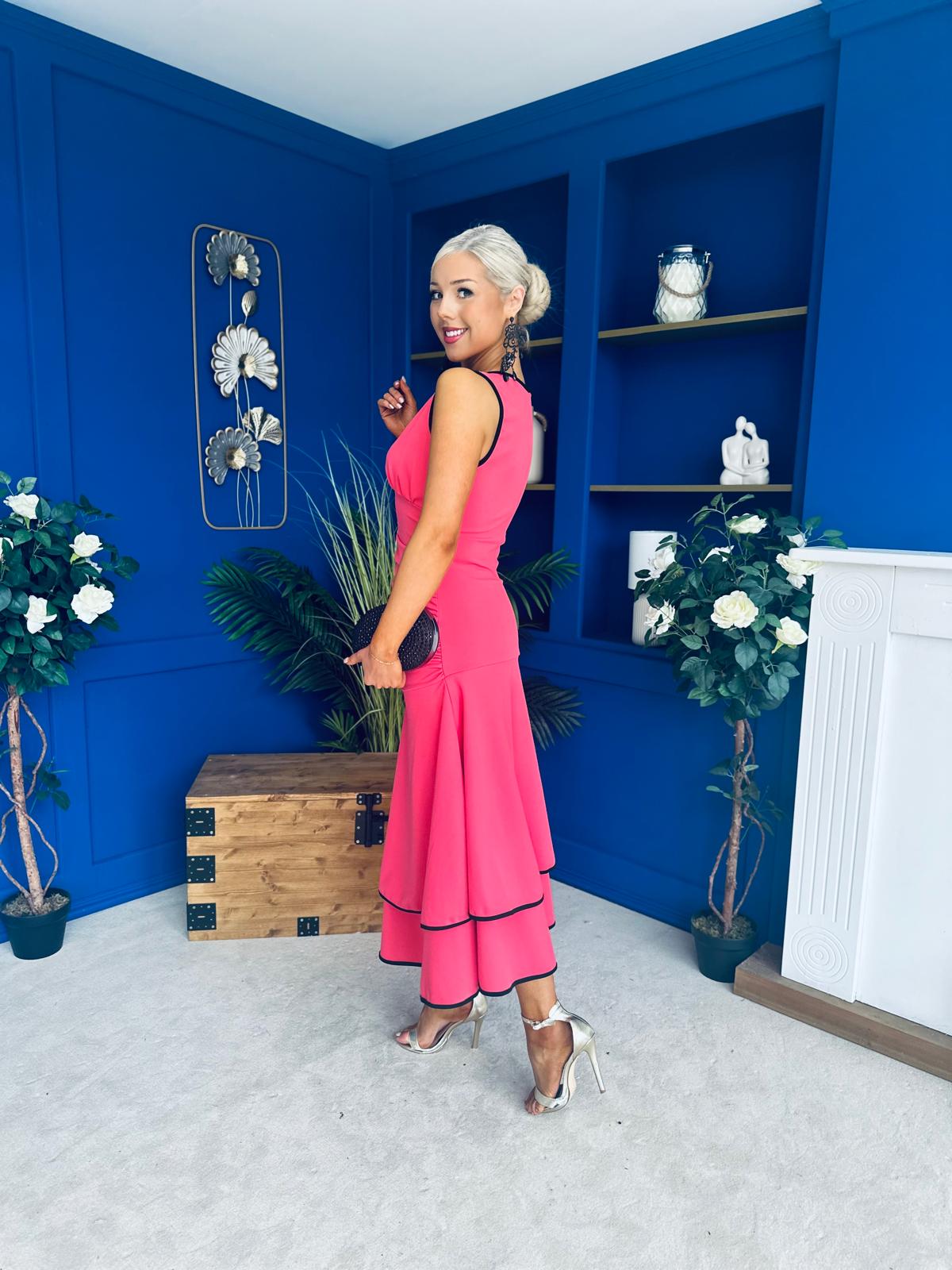 Cleo Ruched & Layered Midi Dress Coral