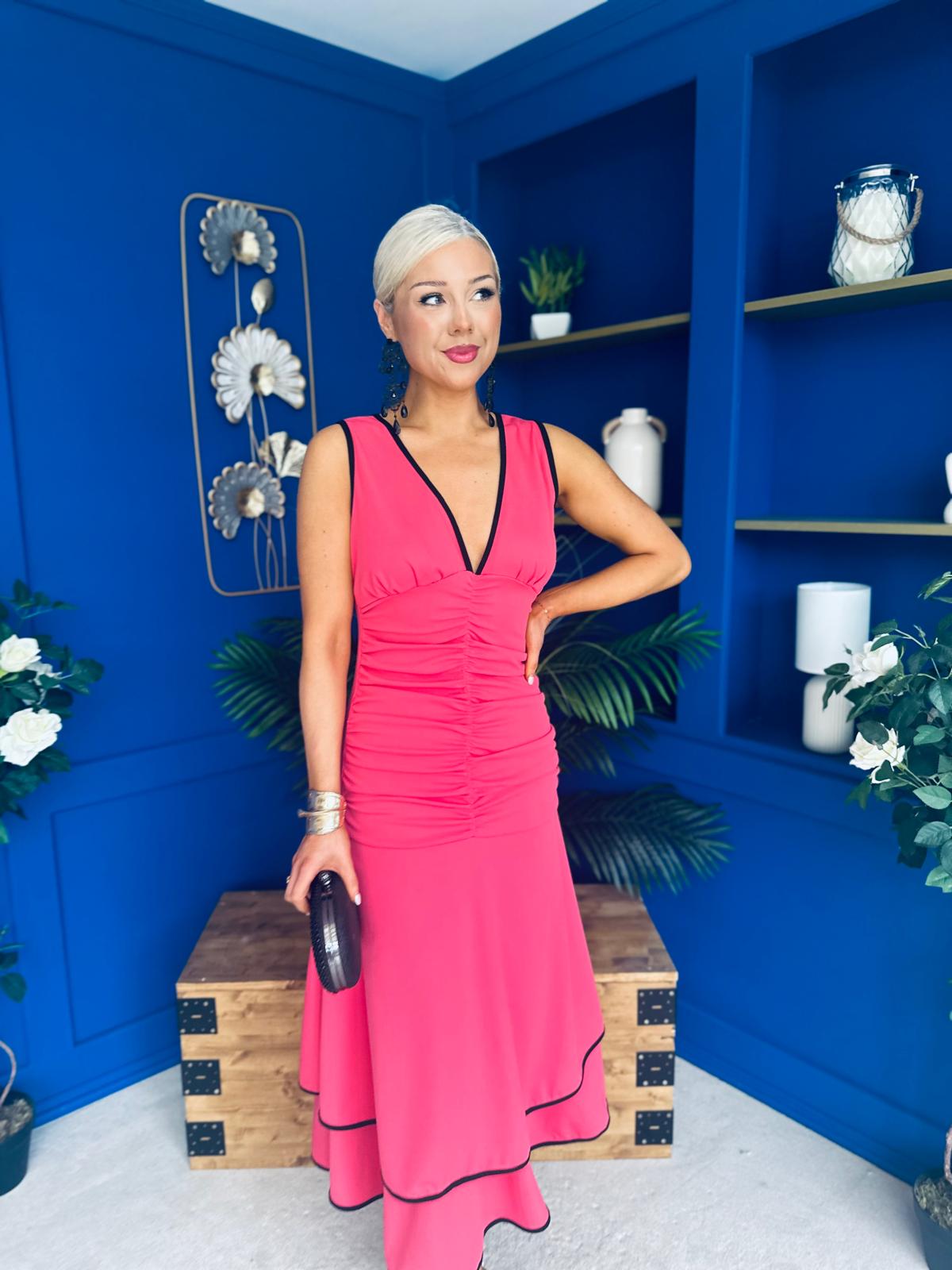 Cleo Ruched & Layered Midi Dress Coral