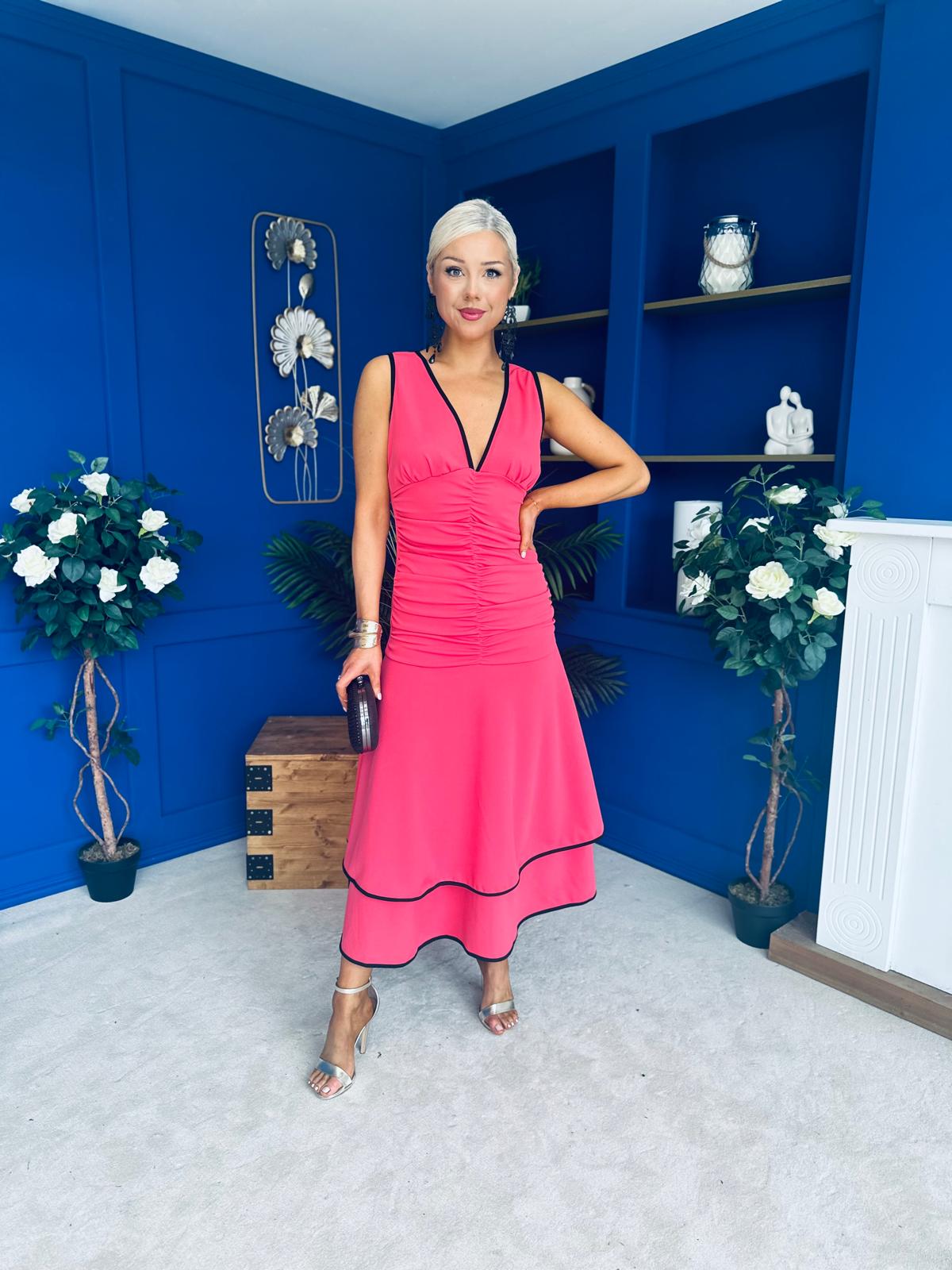 Cleo Ruched & Layered Midi Dress Coral