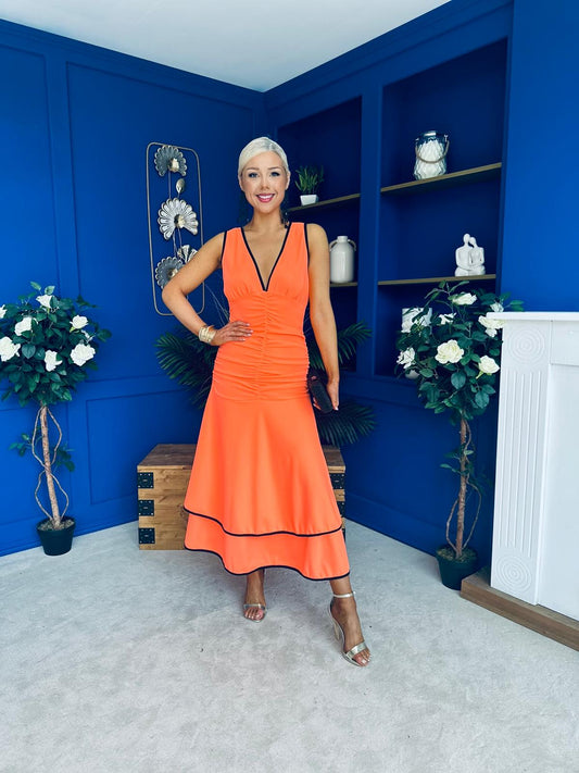 Cleo Ruched & Layered Midi Dress Amber