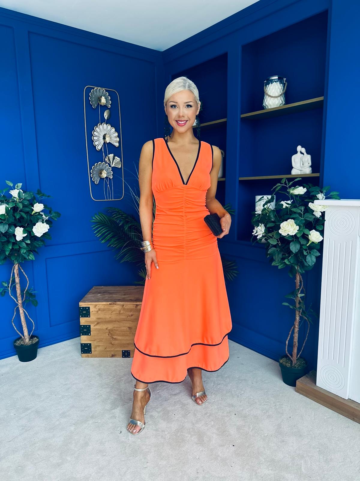 Cleo Ruched & Layered Midi Dress Amber