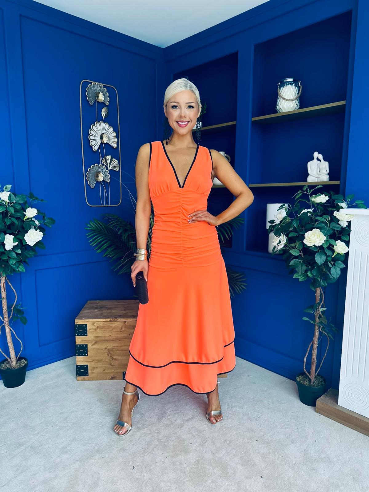 Cleo Ruched & Layered Midi Dress Amber