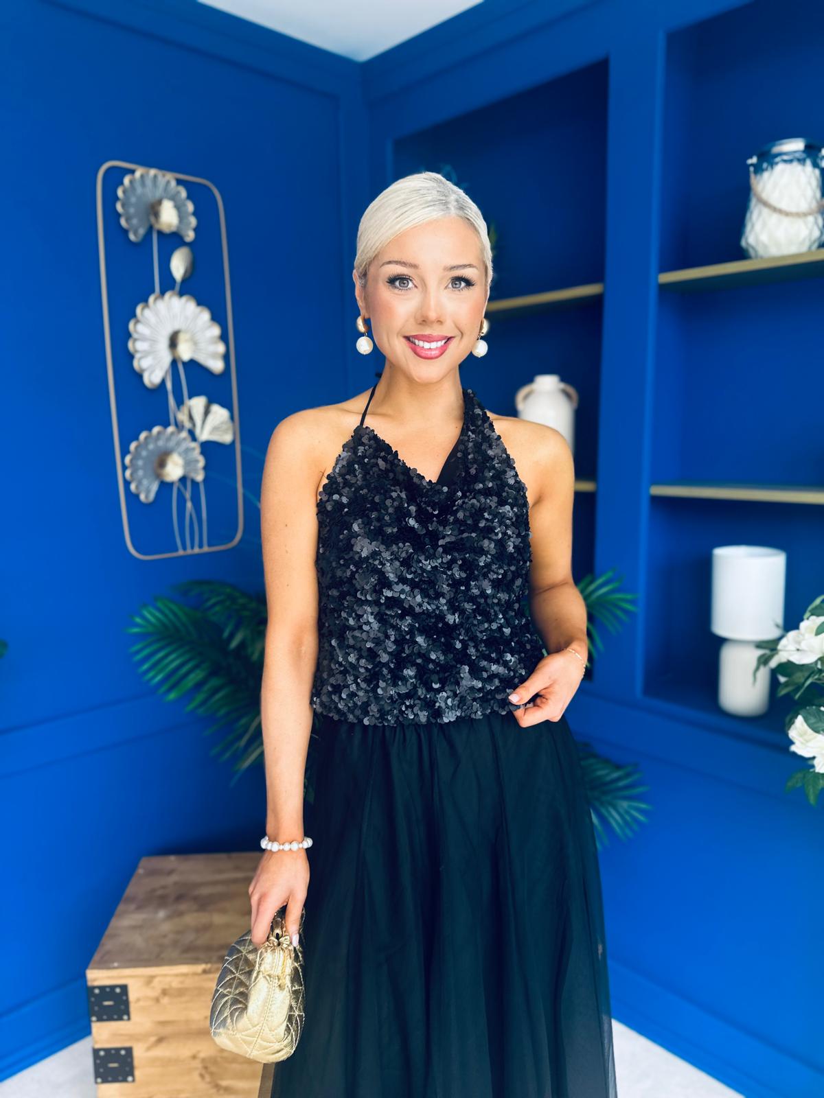 Ruth Detailed Sequin Top Black
