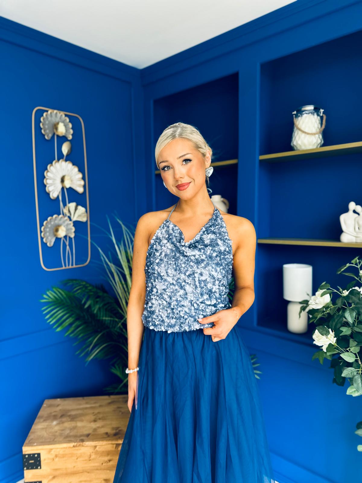 Ruth Detailed Sequin Top Blue