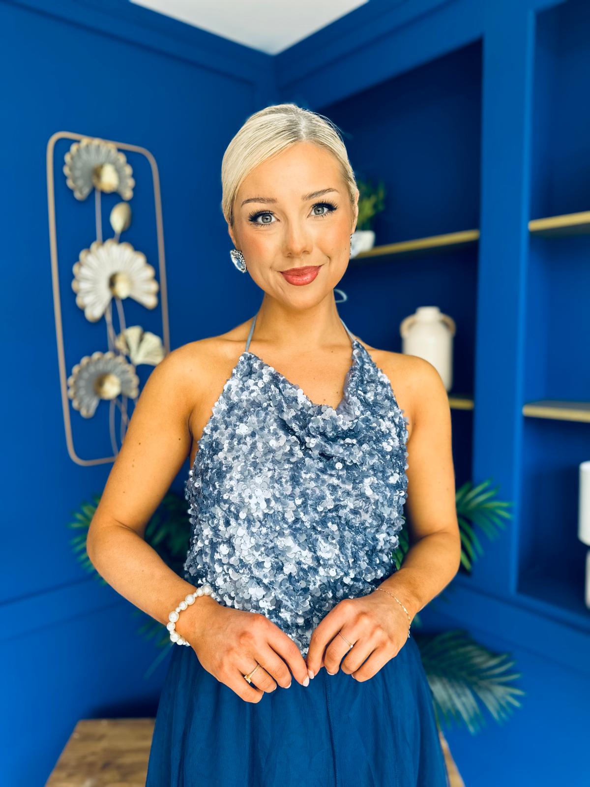 Ruth Detailed Sequin Top Blue