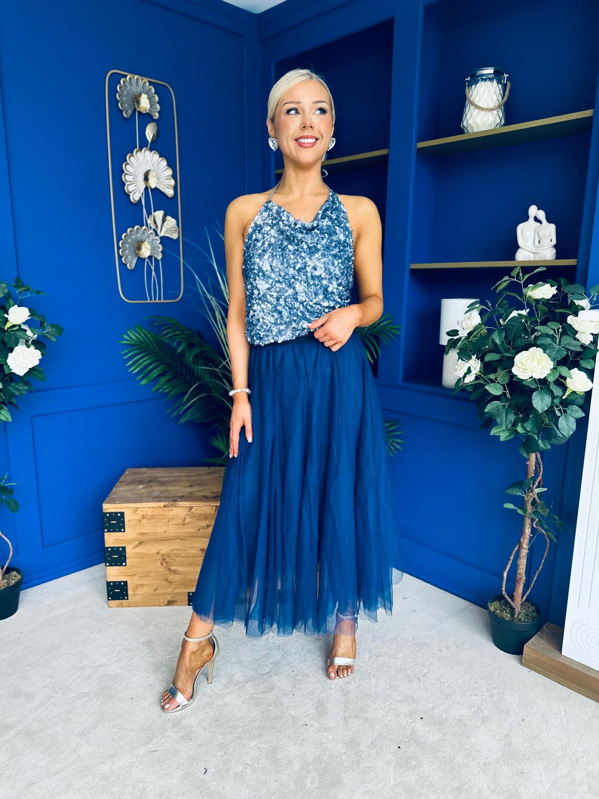 Maxine Tulle Midi Skirt Navy