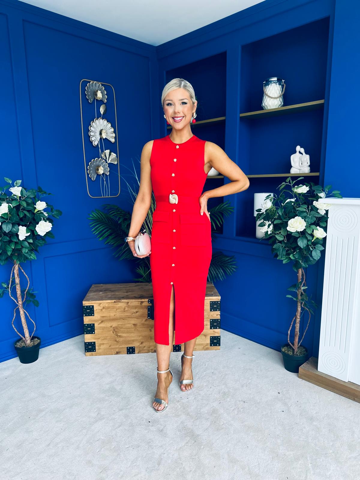 Ella Detailed Knit Midi Dress Red