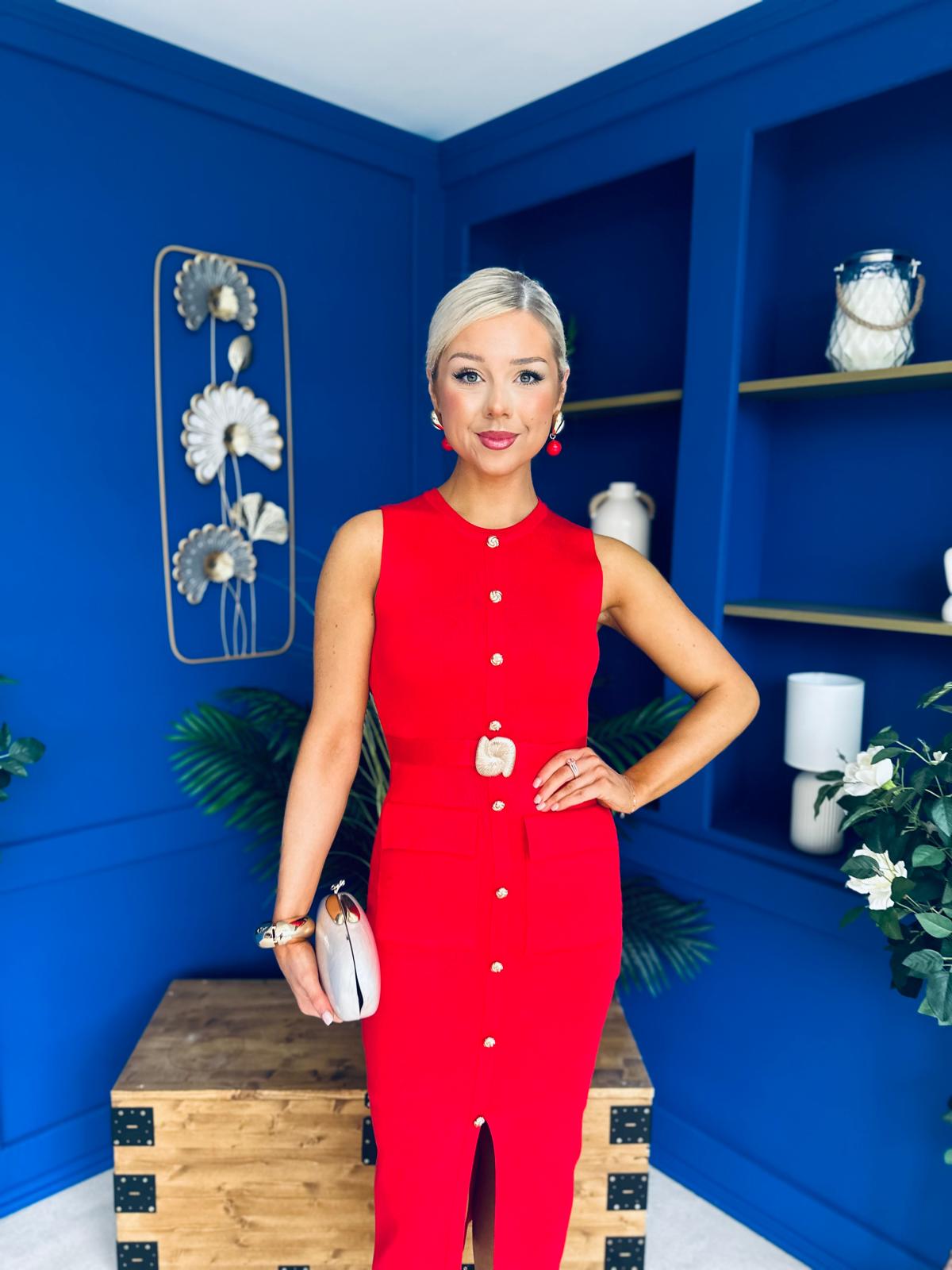 Ella Detailed Knit Midi Dress Red