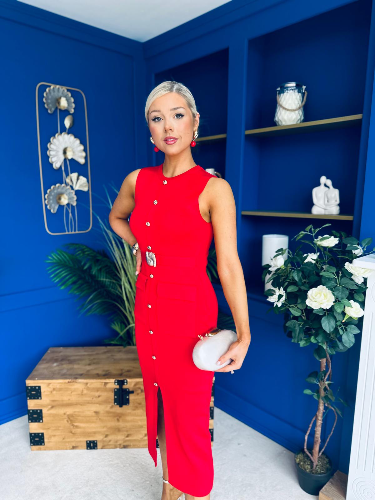 Ella Detailed Knit Midi Dress Red