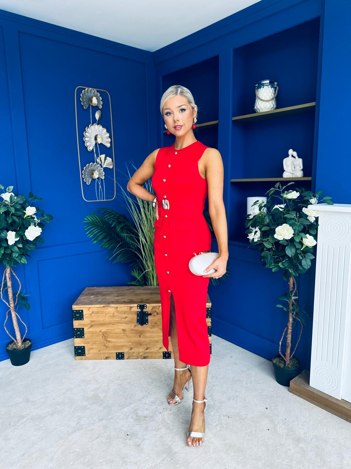 Ella Detailed Knit Midi Dress Red