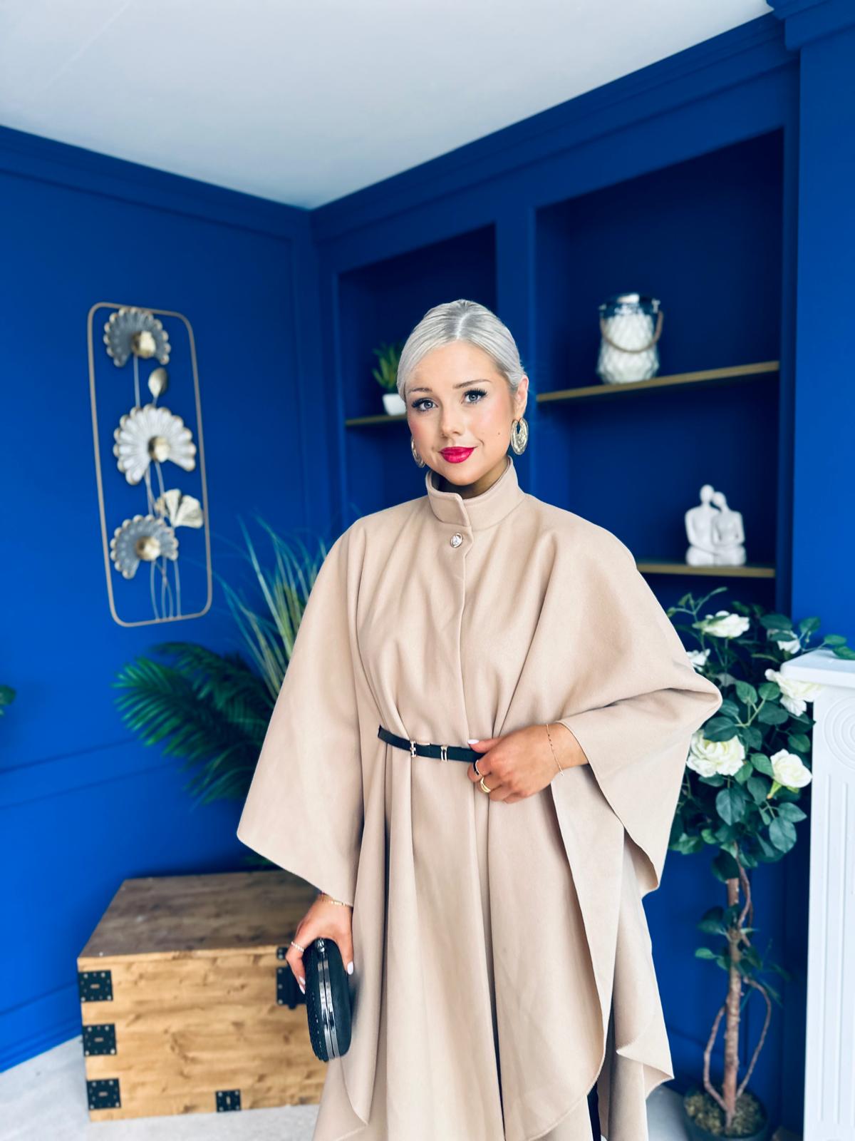Phoebe Belted Longline Cape Beige Pre Order 18 Sept