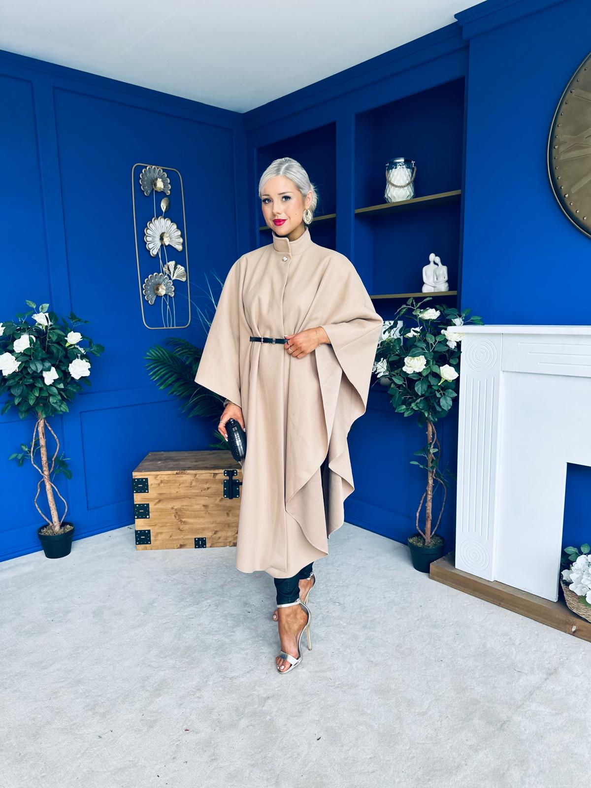 Phoebe Belted Longline Cape Beige Pre Order 18 Sept