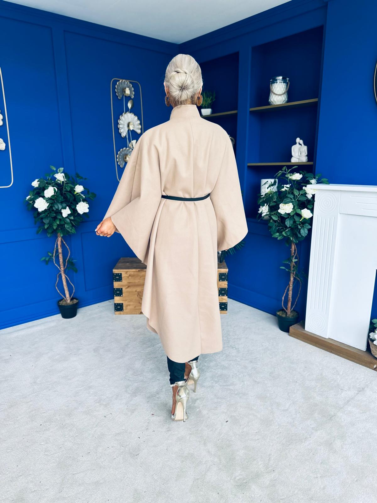 Phoebe Belted Longline Cape Beige Pre Order 18 Sept