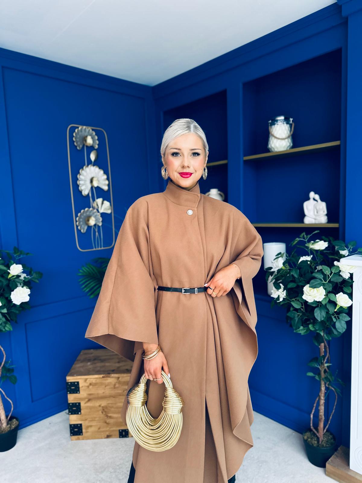 Phoebe Belted Longline Cape Camel Pre Order 18 Sept