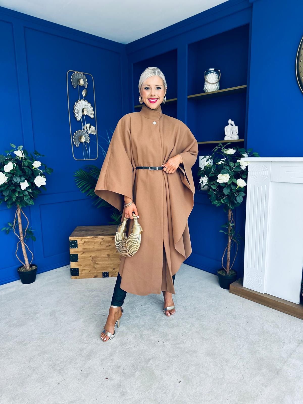 Phoebe Belted Longline Cape Camel Pre Order 18 Sept