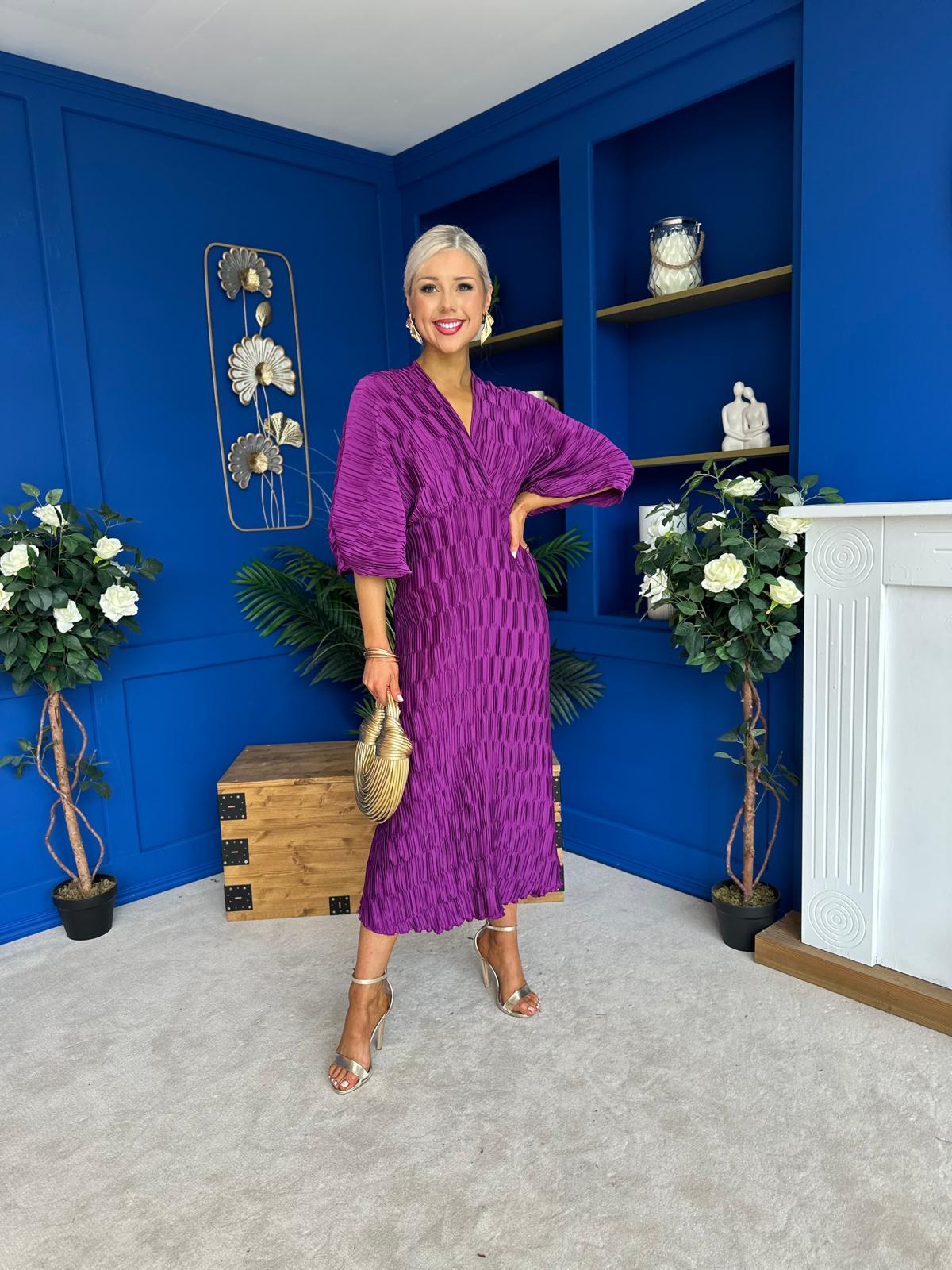 Maria Plisse Detail Midi Dress Violet
