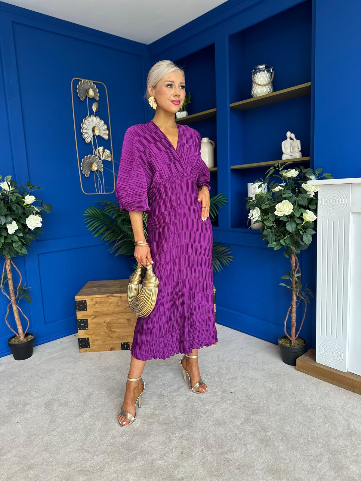 Maria Plisse Detail Midi Dress Violet