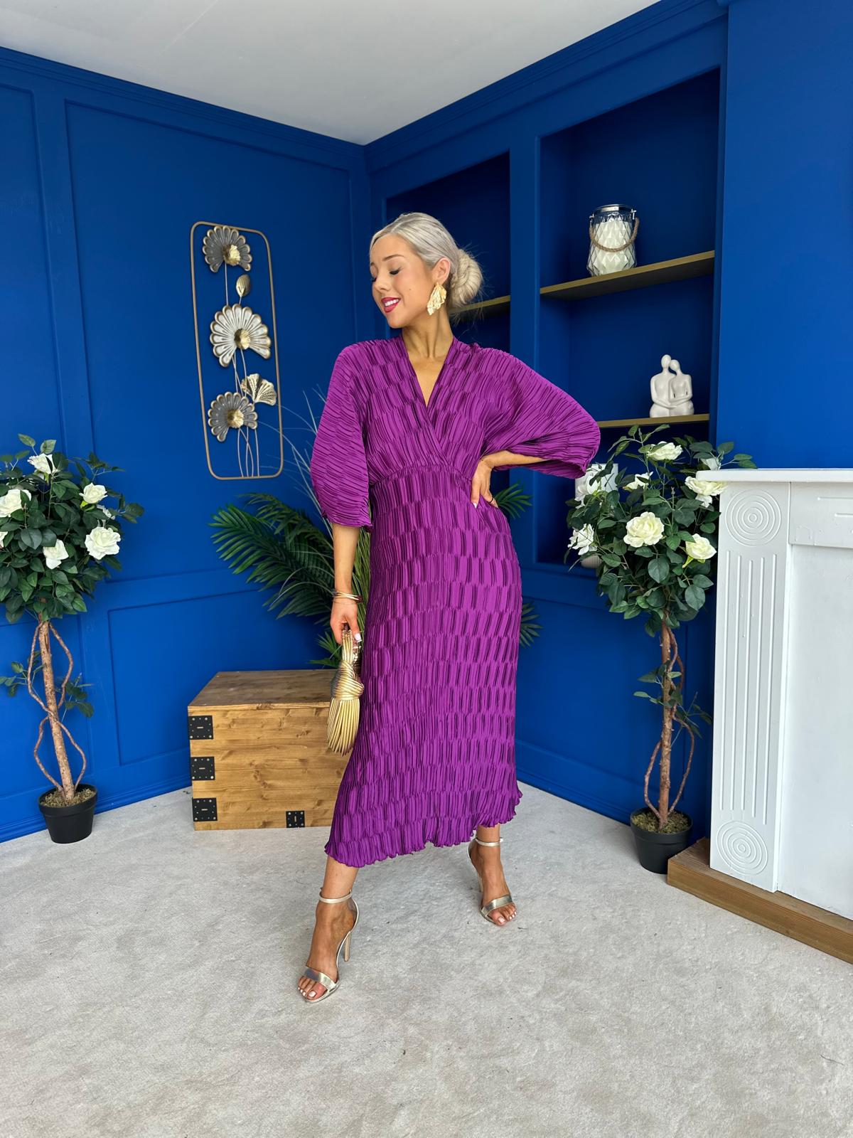 Maria Plisse Detail Midi Dress Violet