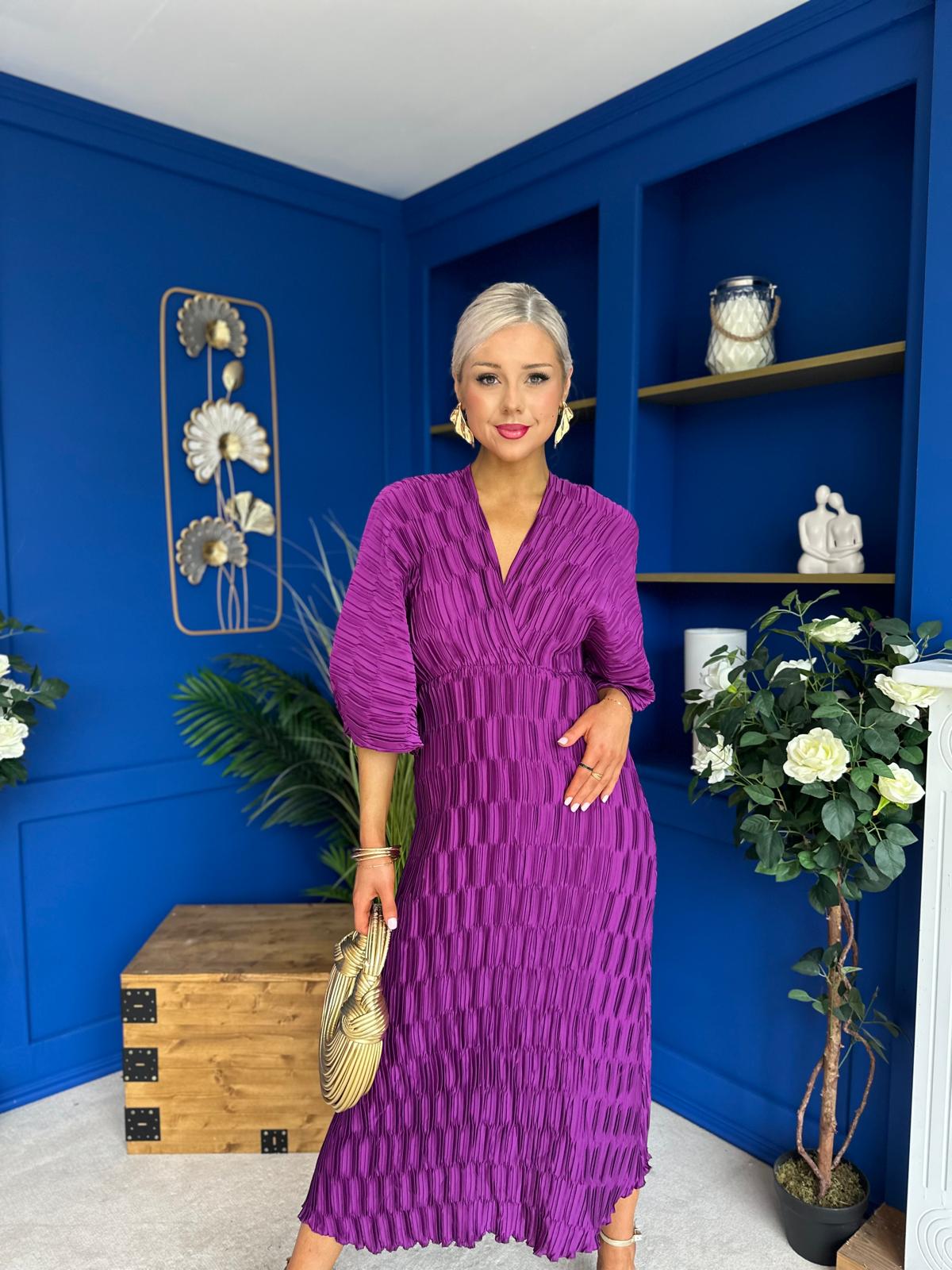 Maria Plisse Detail Midi Dress Violet