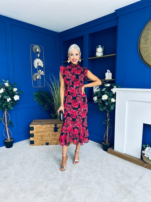 Hannah Frill Sleeve Button Front Midi Dress Black Ruby Floral