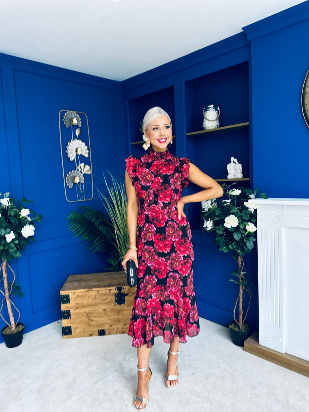 Hannah Frill Sleeve Button Front Midi Dress Black Ruby Floral