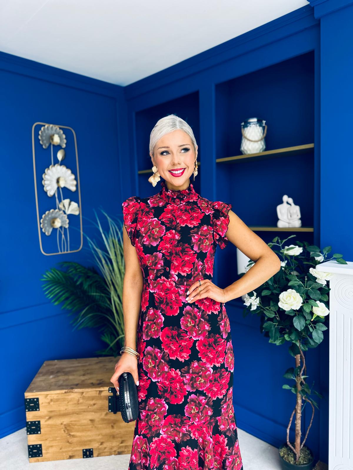 Hannah Frill Sleeve Button Front Midi Dress Black Ruby Floral