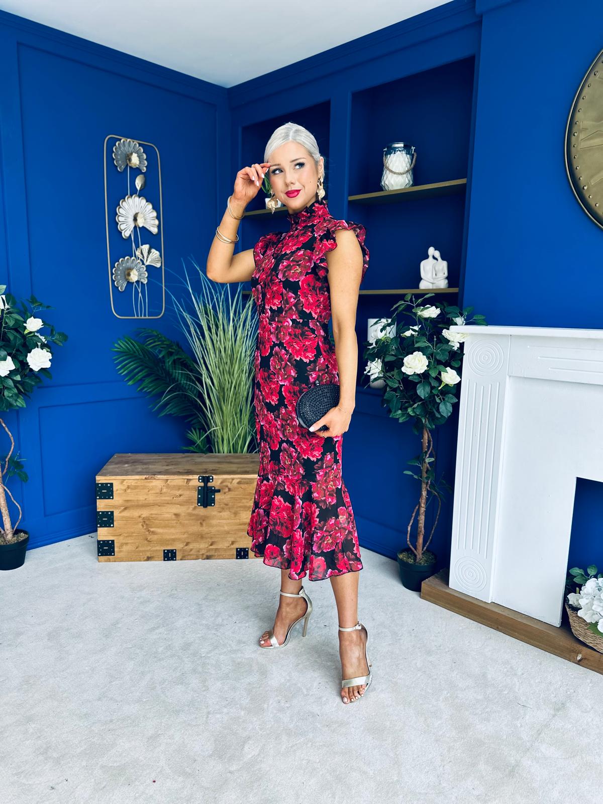 Hannah Frill Sleeve Button Front Midi Dress Black Ruby Floral