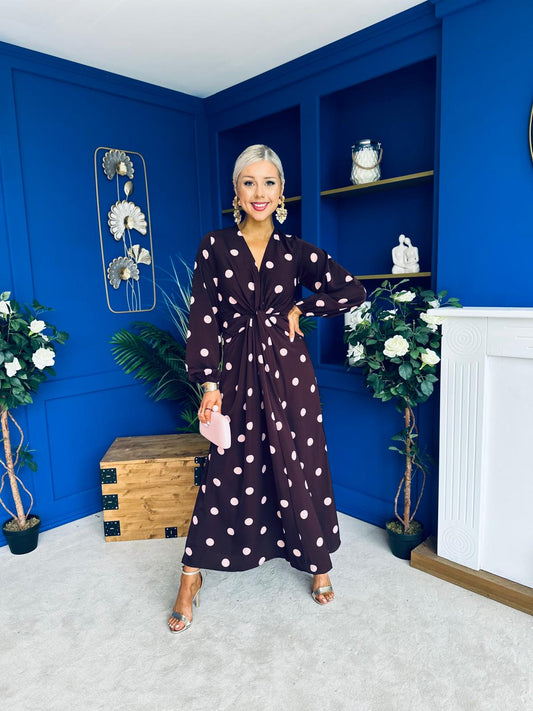 Imogen Knot Detail Midi Dress Burgundy Polka