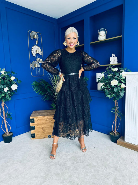 Julia Belted Lace Occasion Dress Black