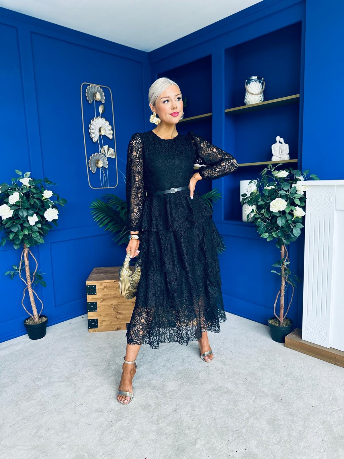 Julia Belted Lace Occasion Dress Black