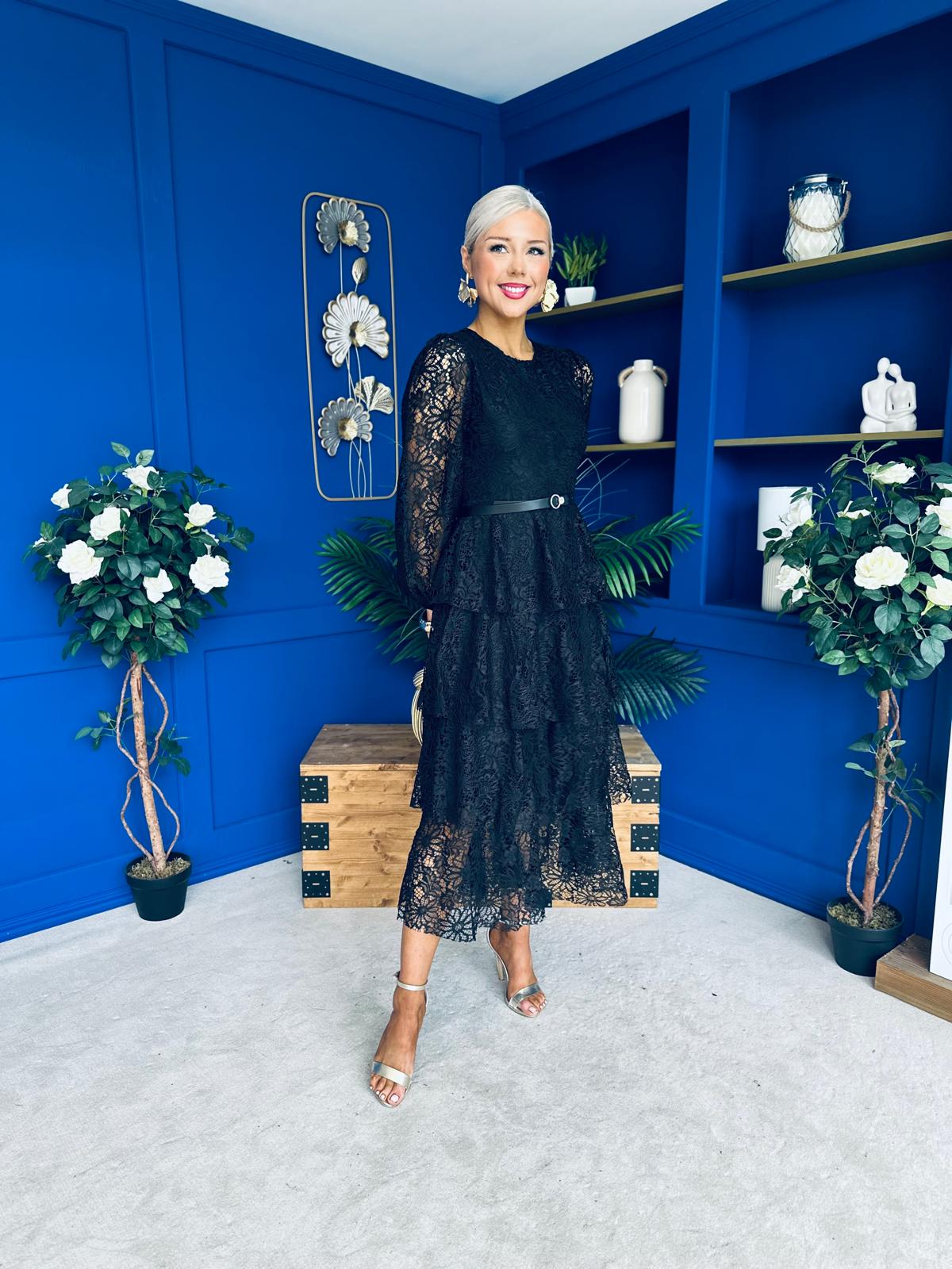 Julia Belted Lace Occasion Dress Black
