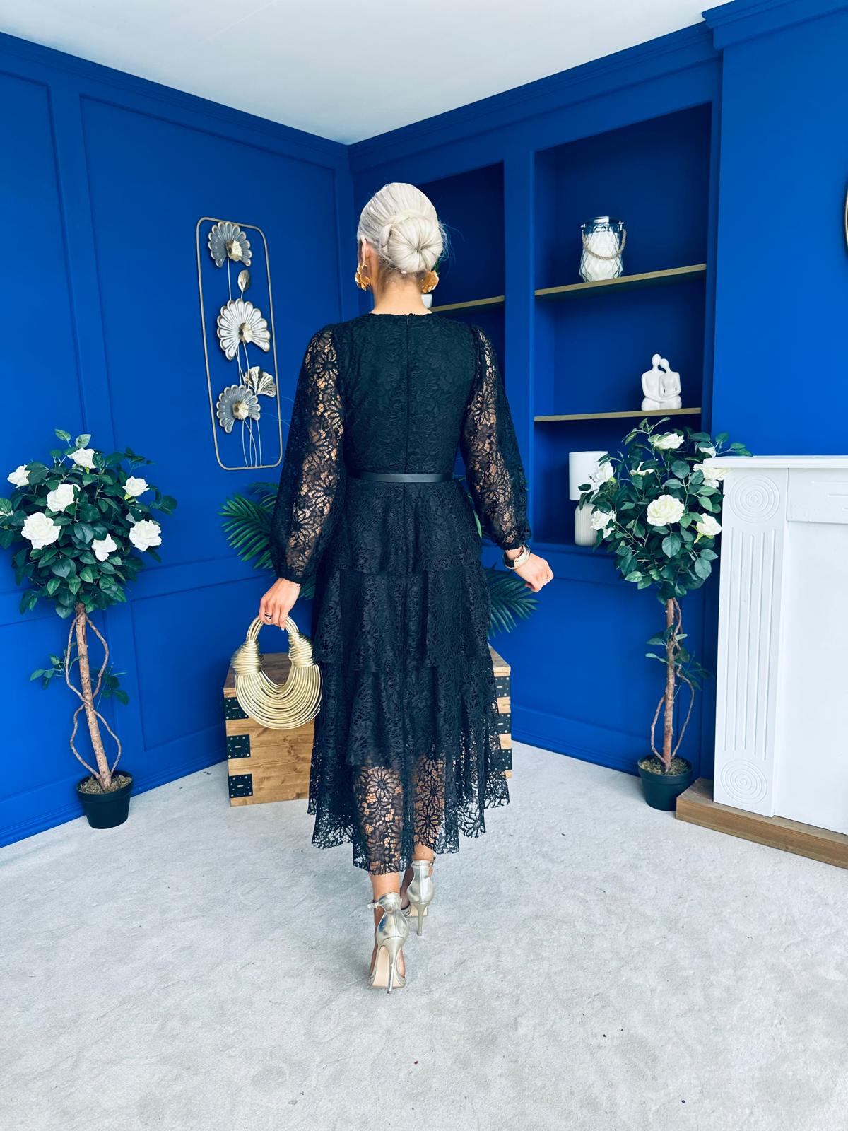 Julia Belted Lace Occasion Dress Black