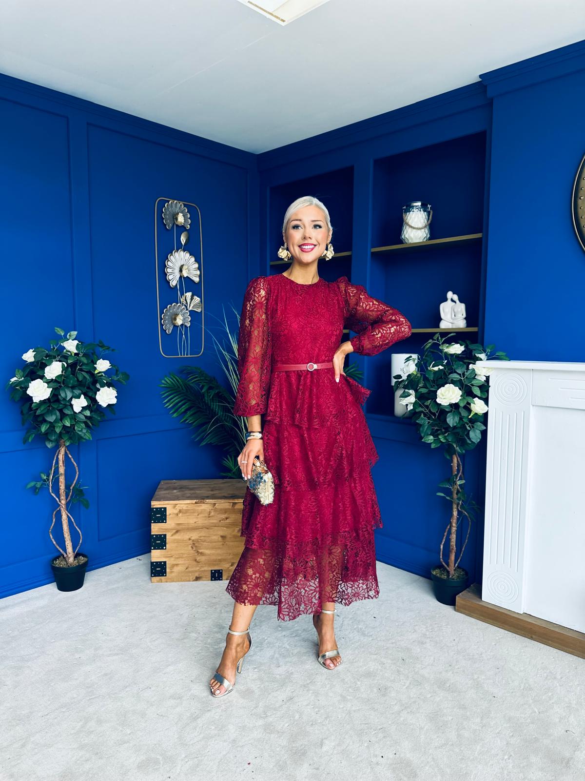 Julia Belted Lace Occasion Dress Wine