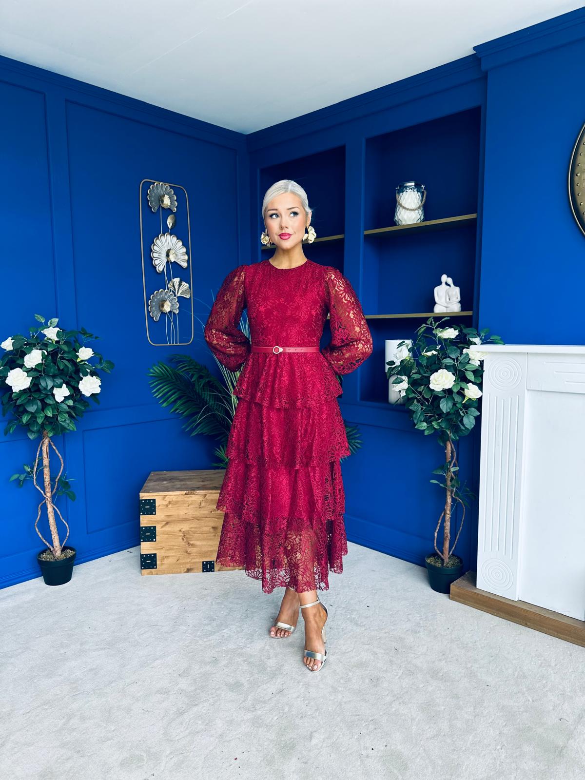 Julia Belted Lace Occasion Dress Wine