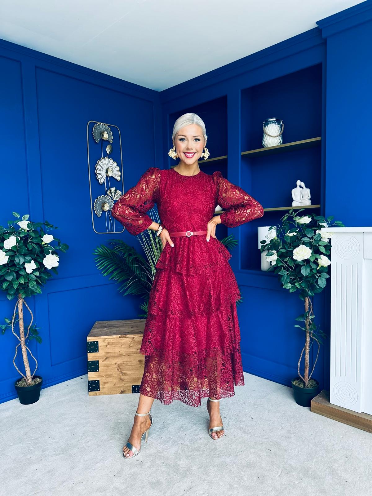 Julia Belted Lace Occasion Dress Wine