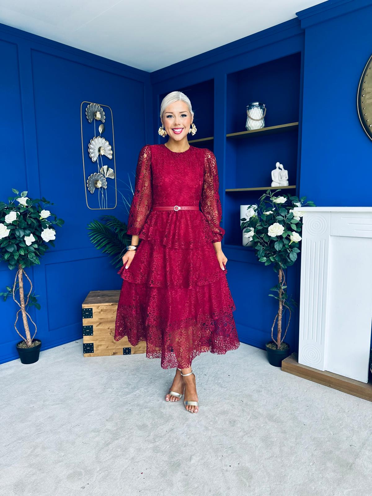 Julia Belted Lace Occasion Dress Wine