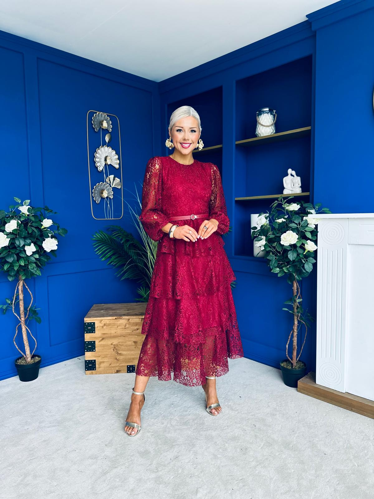 Julia Belted Lace Occasion Dress Wine